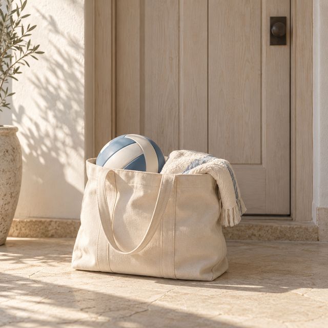 A packed beach tote with a volleyball waits beside a closed front door.
