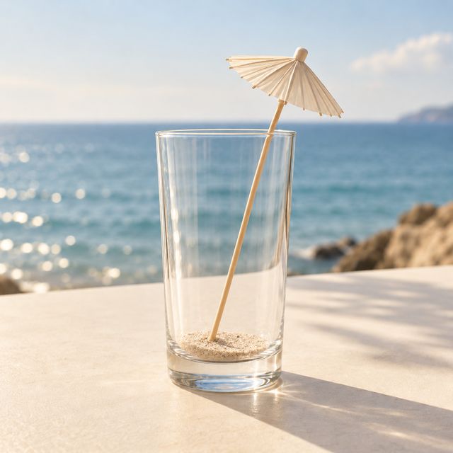An almost empty glass with a sprinkle of sand at the bottom and a tiny parasol.